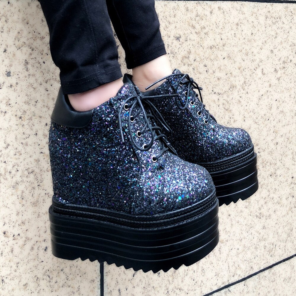 14cm dames ronde neus platform pailletten bling sneakers wedge super hoge verborgen hak schoenen punk kant  up 2 kleuren meisjes