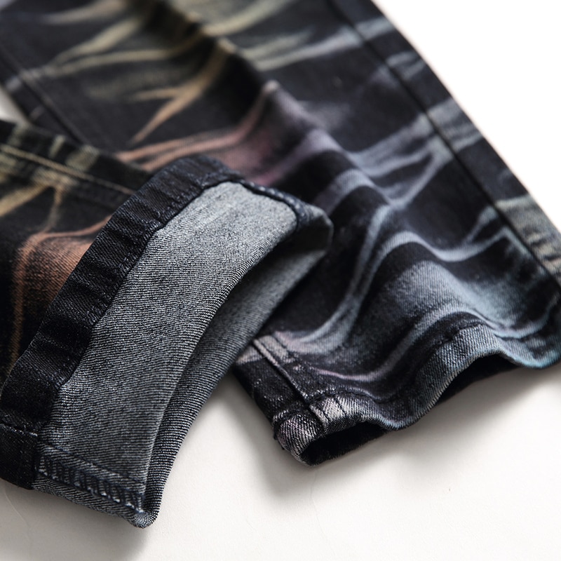 Mannen Gekleurde Stropdas En Dye Slanke Jeans Trendy Plus Size Geschilderd Denim Broek