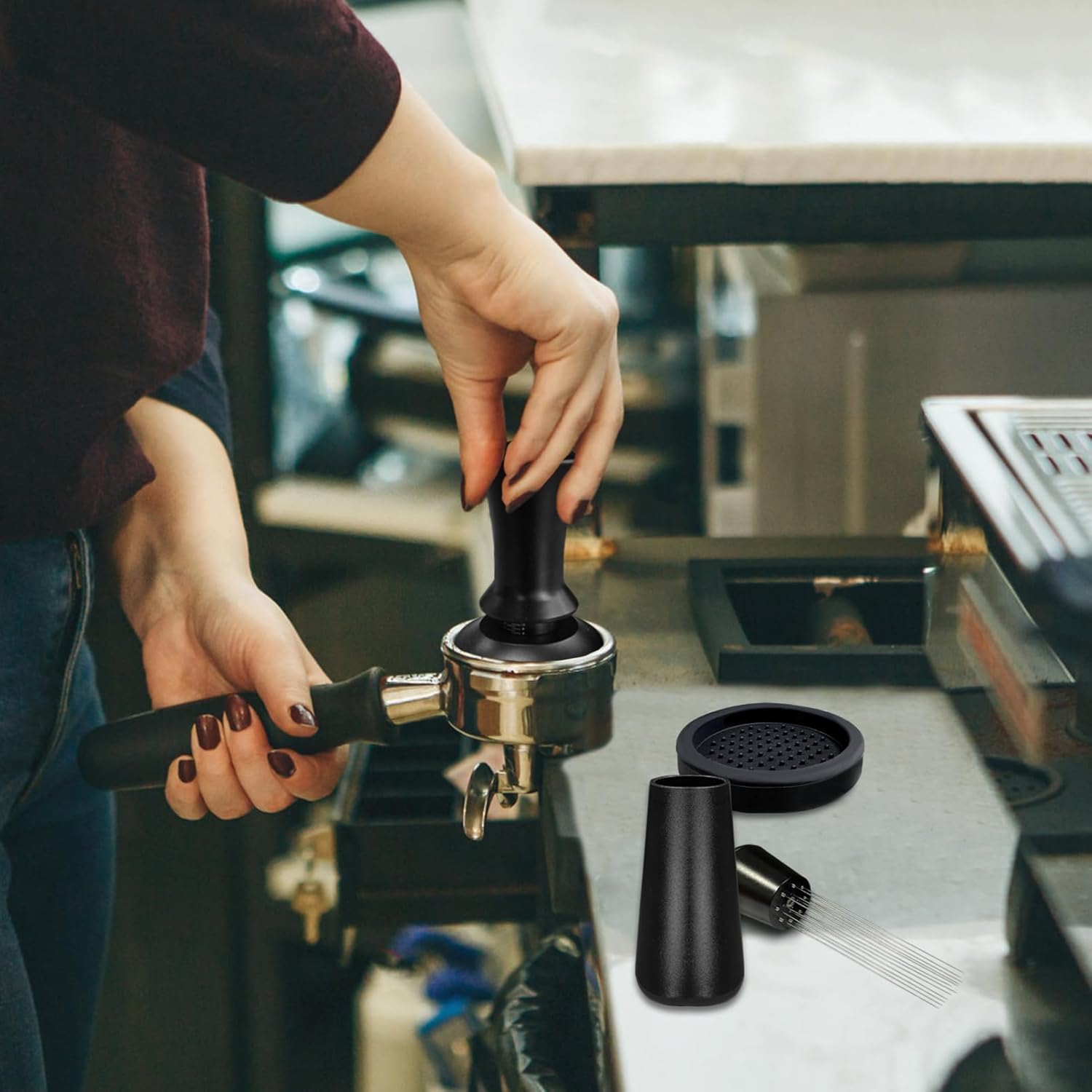 22 stk. espressotilbehørssett, 51/58mm barista-sett med wdt-verktøy, melkeskummer, lattekunstpenn, kafferører, tampermatte