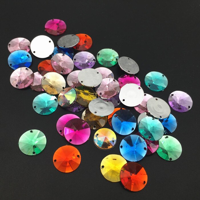 14mm 50 stuks Ronde Naaien Acryl Rhinestone Naai Op Punt Facet Kristallen Plaksteen Twee Gaten Rivoli Naai-On kledingstuk Stenen