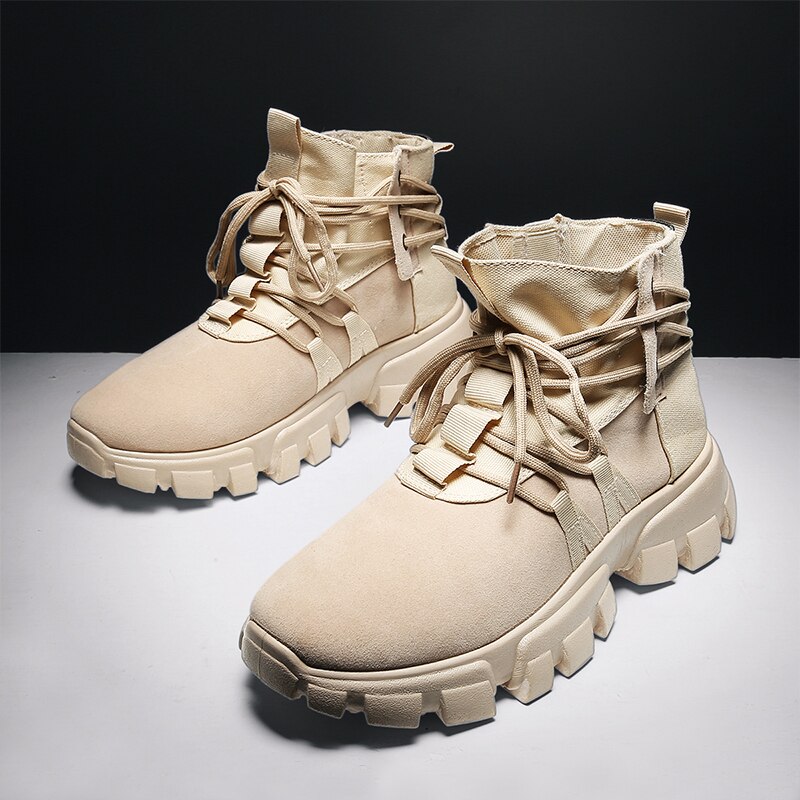 Bigfirse herr casual high top boots snörning herr skor korta boots herr sneakers lätta trend skor vår/höst: Beige / 8.5