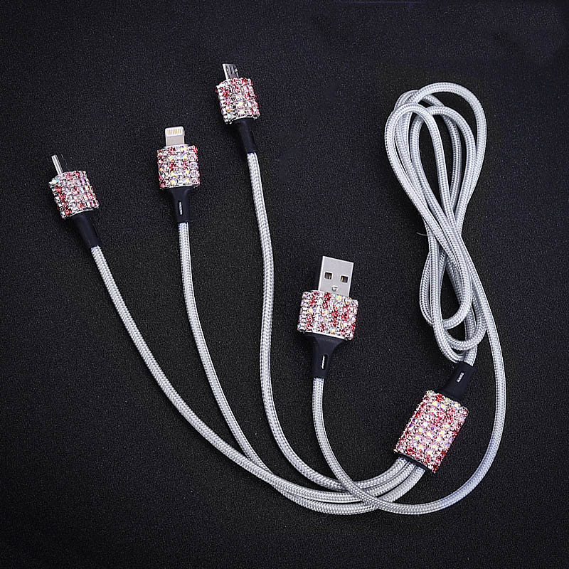 Diamond crystal 3 in 1 usb-kabel for iphone ladelader datakabel type c type-c mikro usb-kabel for samsung xiaomi wire