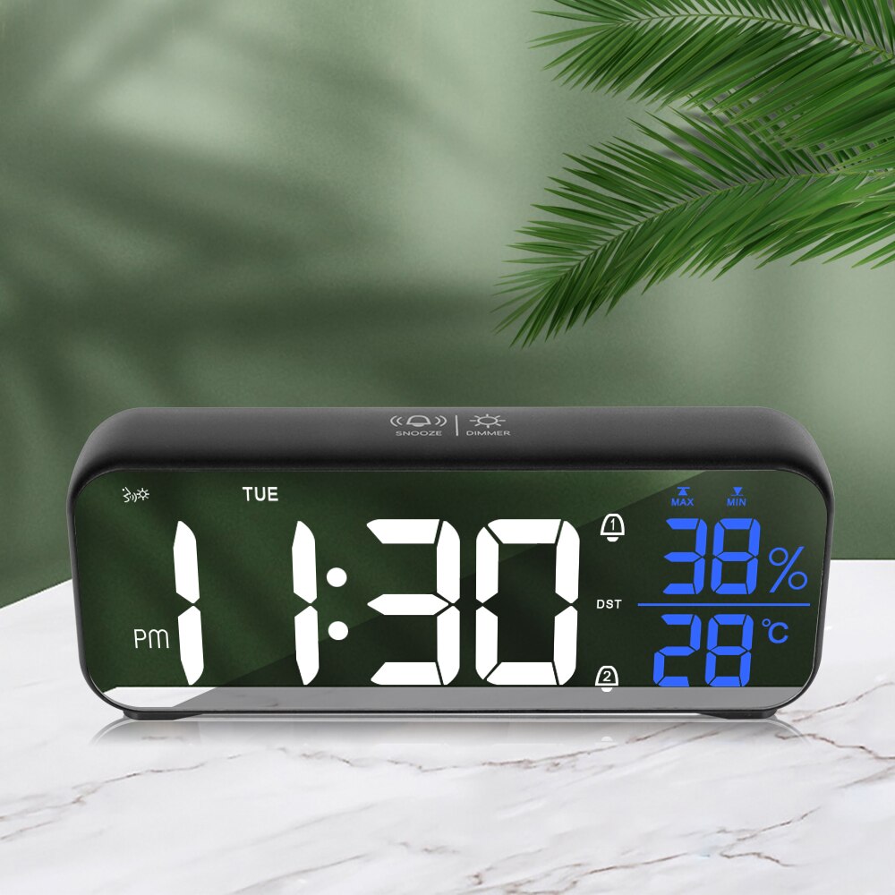 Snooze Table Clock USB Rechargeable Digital Clock with Voice Control Temperature Humidity LED Music Alarm Clock Multi-functional