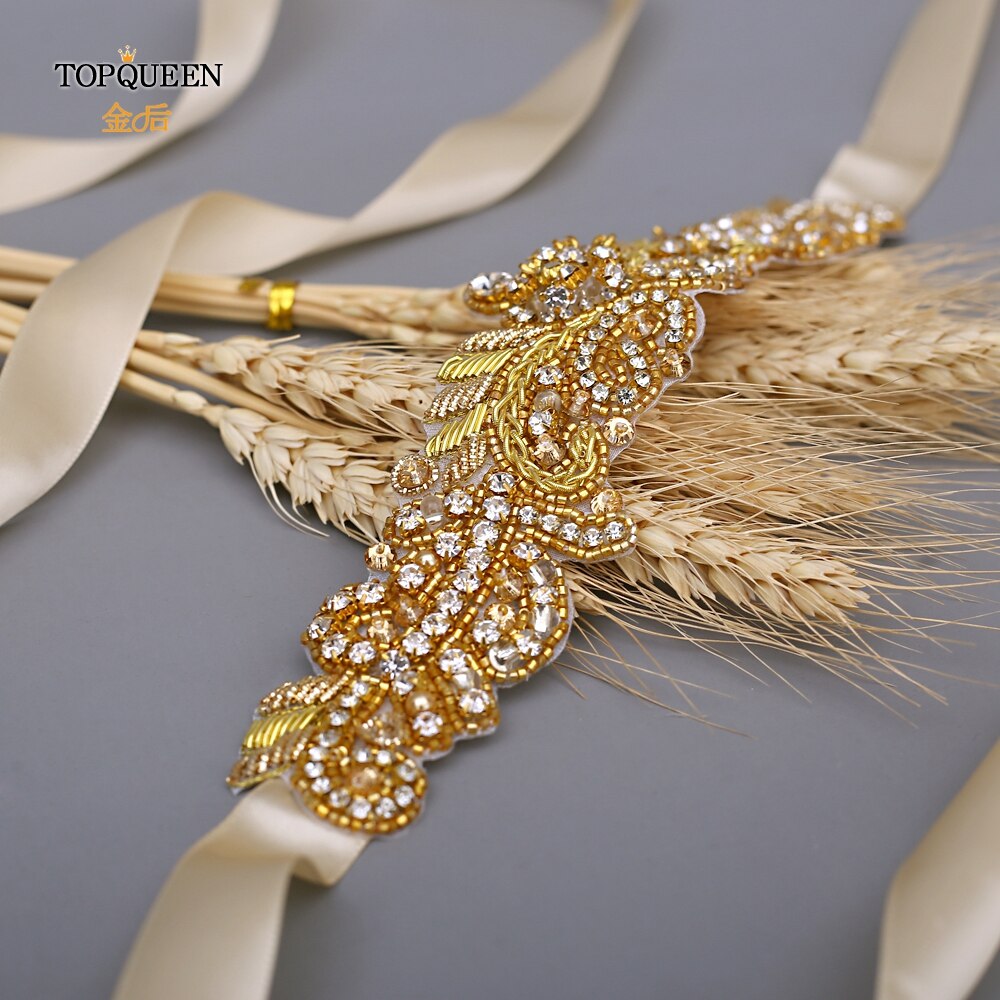 Topqueen  s375- g gull rhinestone midjebelte kvinner beaded bryllup belter india blonder brude sash belte gull belte for formell kjole