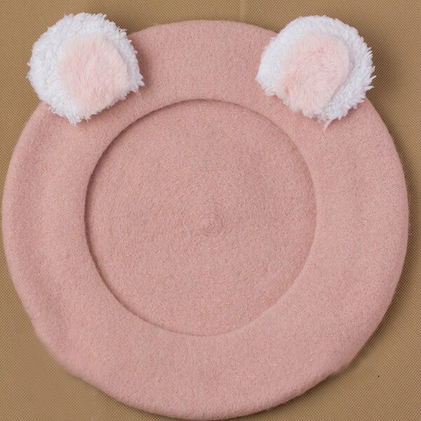 Lovely Lolita Bear Ear Berets Cute Female Wool Berets for Winter: pink 1