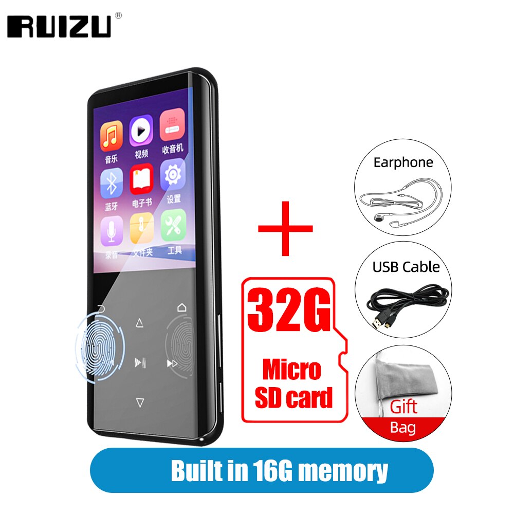 RUIZU D25 MP3 Bluetooth Player Touch Control Portable HIFI Music Video MP4 Player Built-in Speaker With FM-Radio E-Book Record: 16G Add 32G TF Card