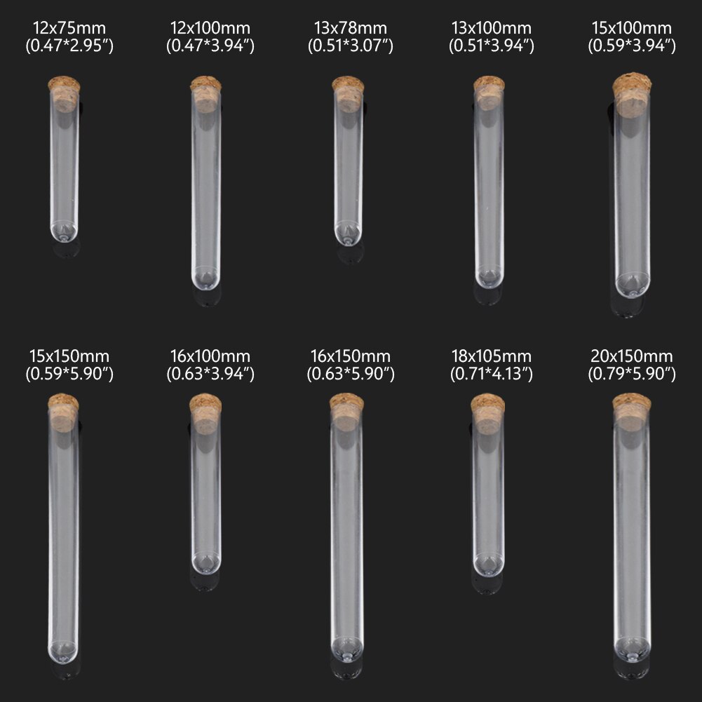 10Pcs PS Plastic Test Tubes With Cork Stoppers | 16x150mm, Round Base | For Samples, Experiments, Crafts & Displays