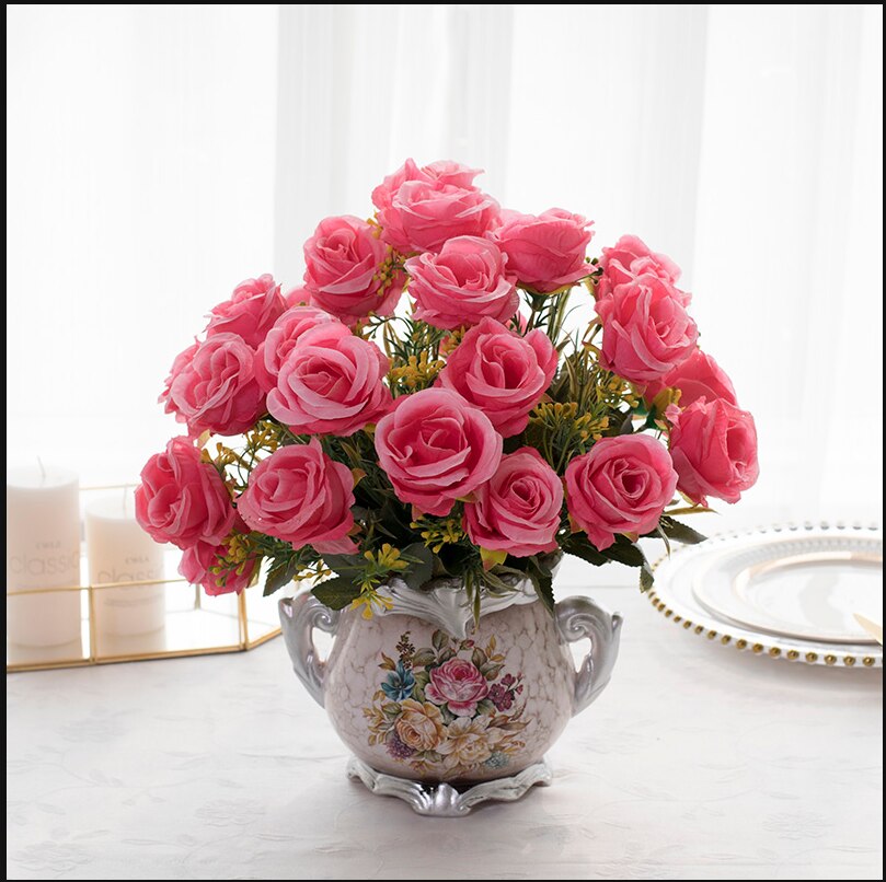 1set European artificial flower+vase living room home table wedding decor potted bonsai ornament silk flores +Ceramic vase