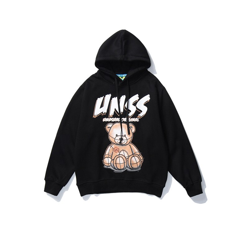 WTD nueva sudadera para hombres Streetwear oso impreso Hip Hop estilo Casual hombres/mujeres Hoodie estándar sudadera de gran tamaño hombres sudaderas: Black / L