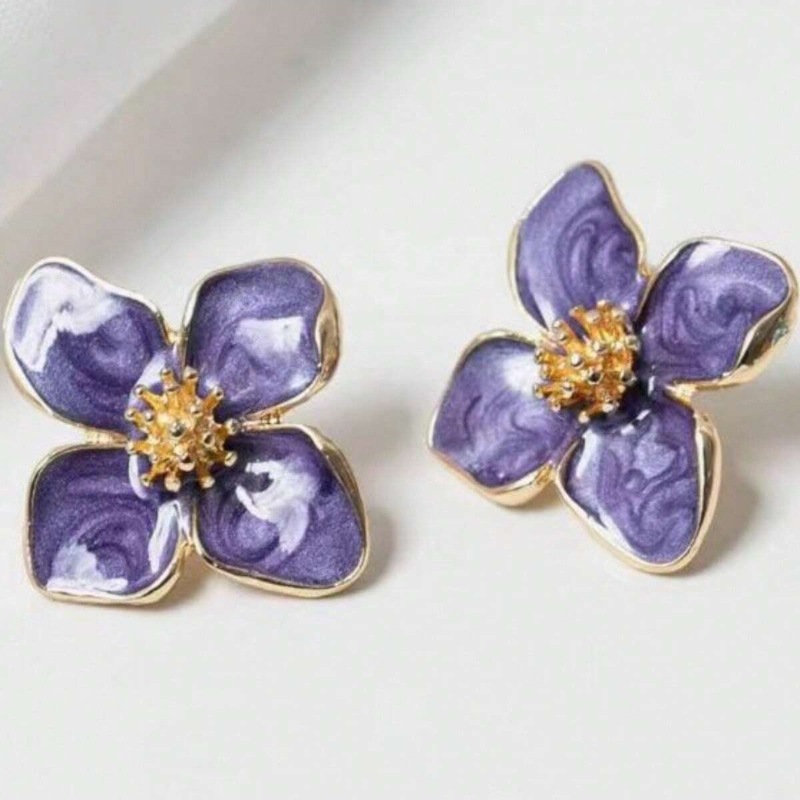 Hibiscus Dropped Glaze Flower Stud Earrings for Women Girl French Vintage Korean Wedding Romantic Jewelry: Platinum Plated