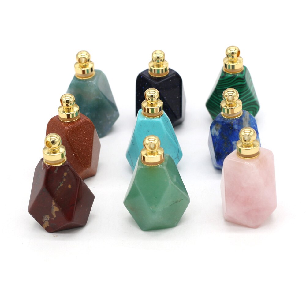 Natural Gem Stone Faceted Perfume Bottle Pendant Quartz Agates Essential Oil Diffuser Charms for Jewelry Making Necklace 25x37mm