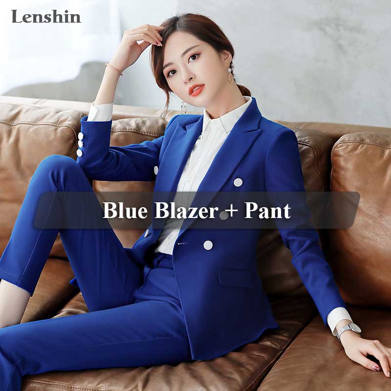 Lenshin 2 Piece Set Formal Pant Suit Blazer Office Lady Designs Women Soft Jacket and Ankle-Length Trousers: 2 Pieces Blue Suit / 5XL