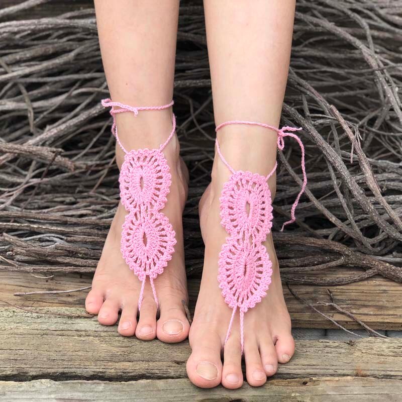 Virka barfota sandaler strand pool slitage tå ring fotled naken skor fot smycken viktorianska spets yoga skor brud fotled: Rosa