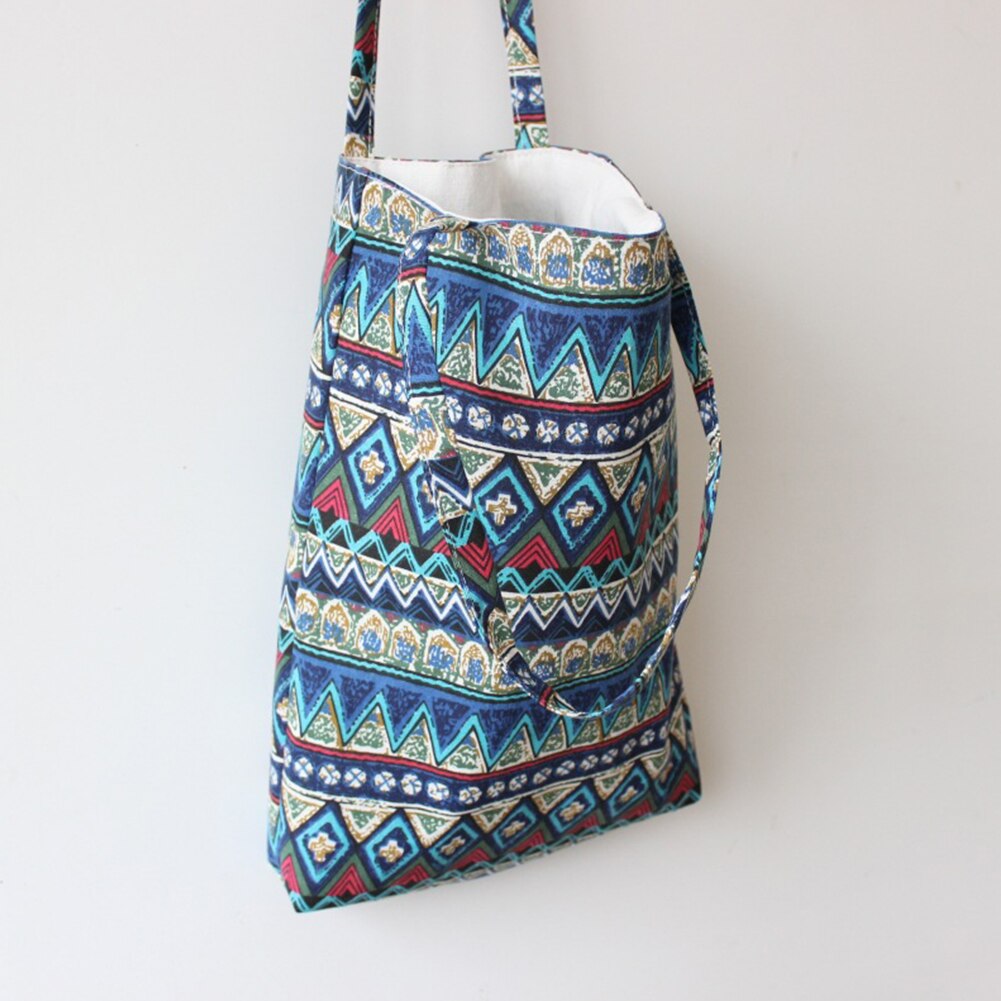 Kvinder sammenfoldelig genanvendelig indkøbspose øko-håndtaske strandtaske stor kapacitet afslappet lærred skuldertaske blomsterprint tote #h12 ^  l0724: Himmelblå