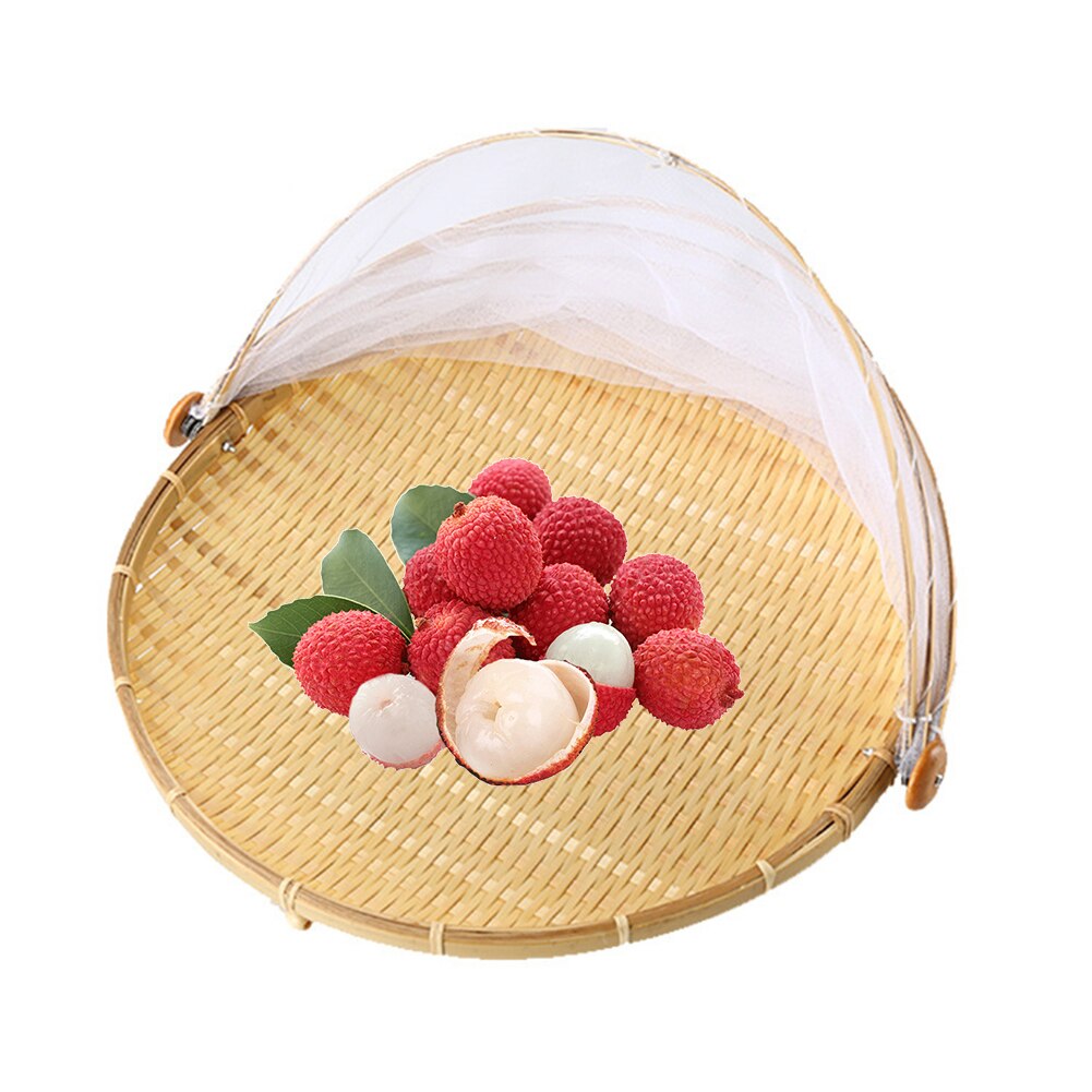 Bambu picknick mat servering korg anti flugor insekt nät täcka bröd frukt bricka