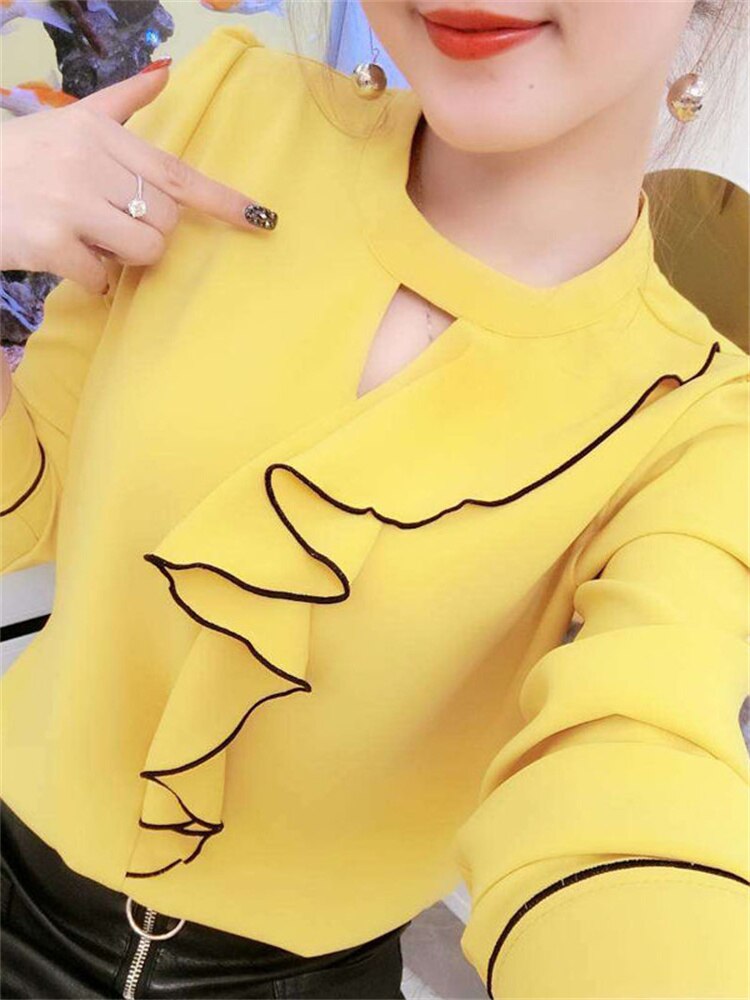 Kvinner vår sommer stil chiffong bluser skjorter dame uformelt langermet volanger dekor stativ krage chiffong blusas topper  df3148