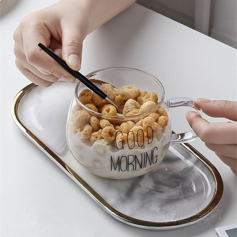 Letter Printed Transparent Glass Coffee Tea Drinks Dessert Breakfast Milk Cup Glass Mugs Handle Drinkware