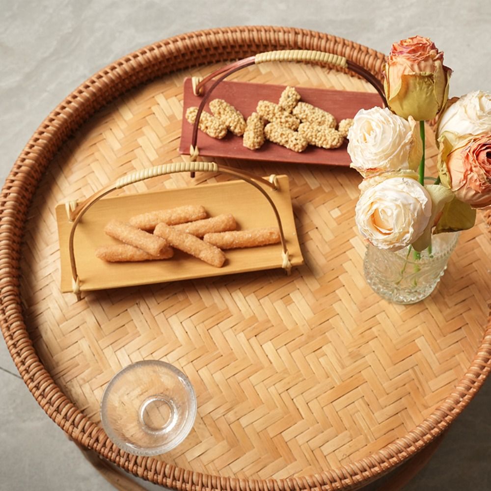 Cesta de almacenamiento de bambú de estilo chino, cesta de frutas multifunción pequeña, plato de pastelería Simple para