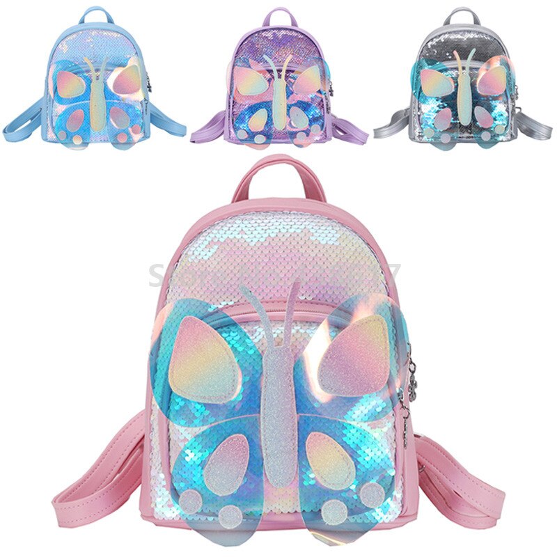 Cute 3D Colorful Butterfly PU Sequin Toddler Backpack School Bag For Girls Kindergarten School Kids Small Bags