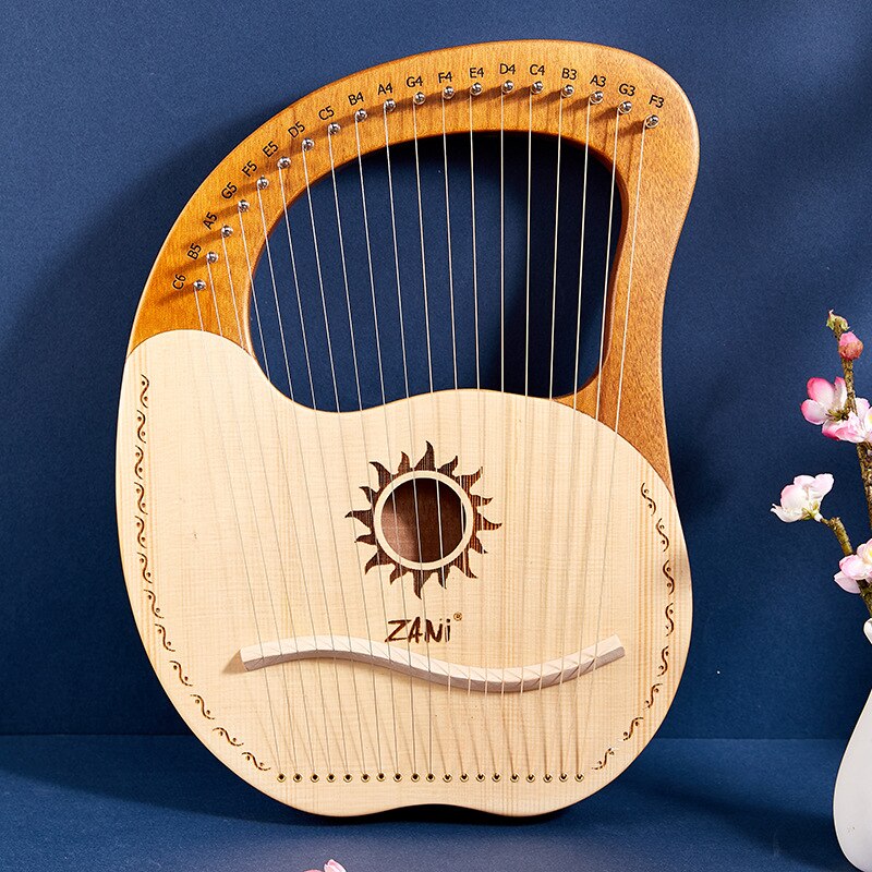 Solid Wooden Entertainment Wooden Lyre Harp Sun God Pattern With Tuning Tool Wrench Cleaning Cloth Metal Strings