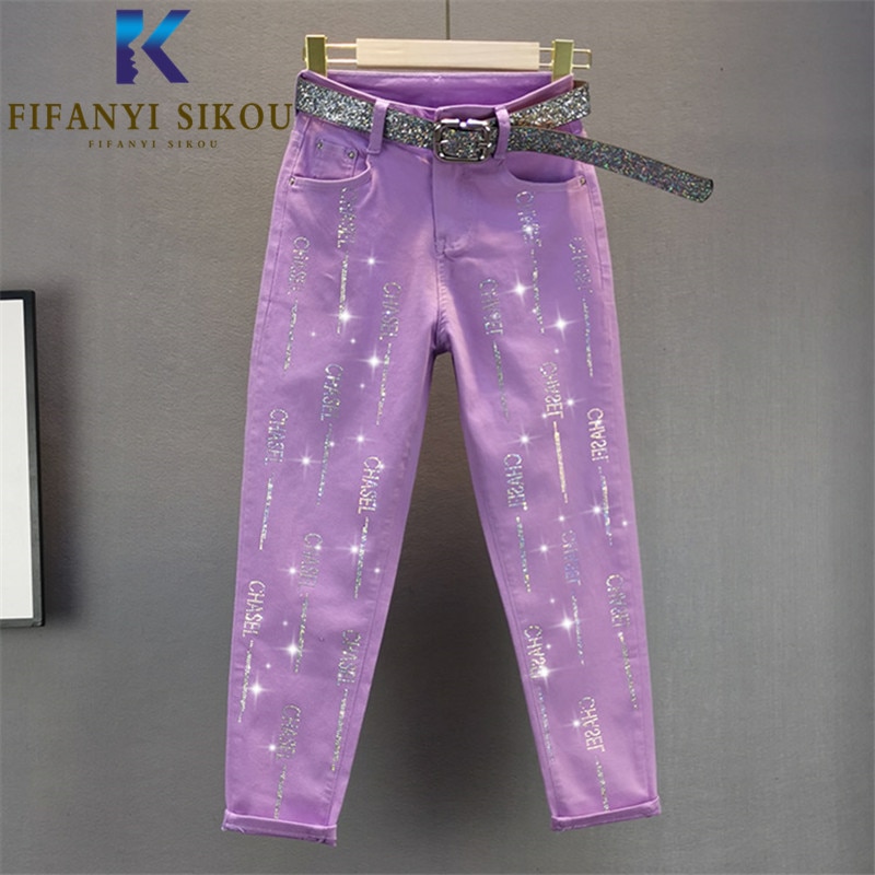 Jeans for kvinner diamanter bokstav høy midje jeans kvinner pluss størrelse stretch jeans løse denim blyantbukser