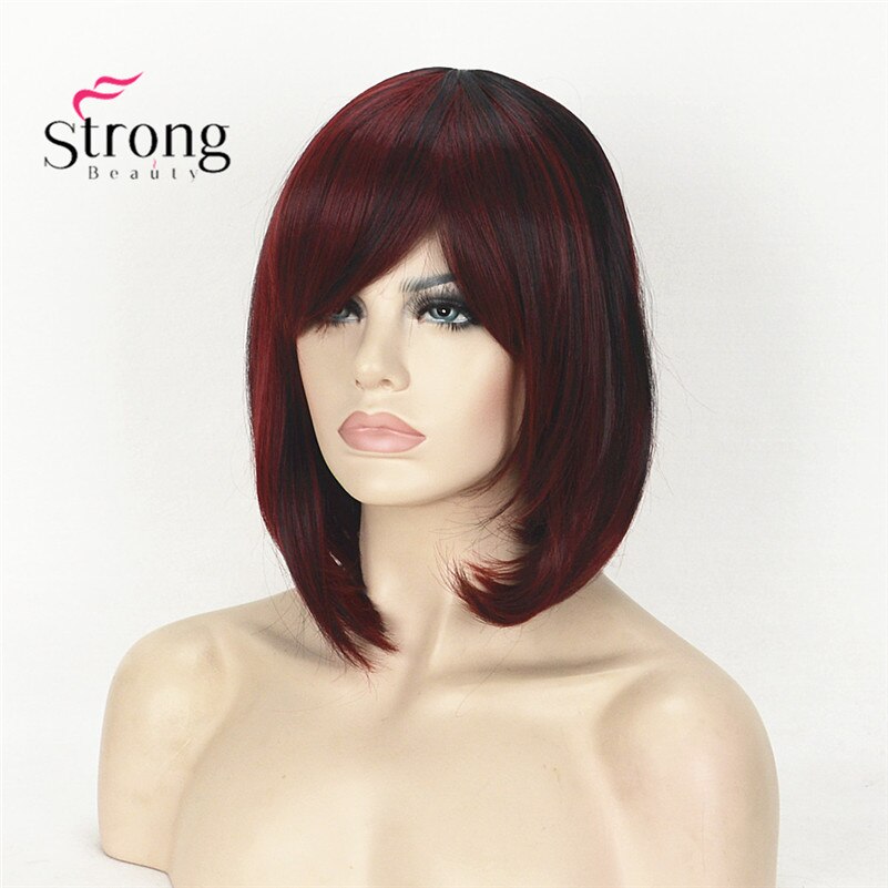 StrongBeauty Kurze Gerade Braun Hervorgehoben Bob Seite Gefegt Pony Synthetische Perücke FARBE ENTSCHEIDUNGEN: 1787 1B-130M