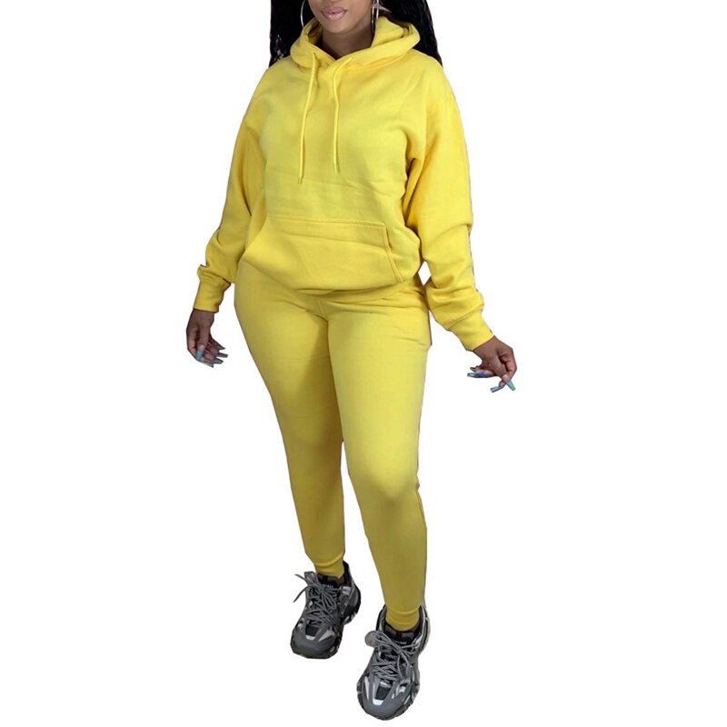 Ensemble de survêtement 2 pièces pour femme, sweat-shirt à manches longues, couleur unie, sweat à capuche + legging moulant, tenue de sport décontractée: Jaune / Xxl