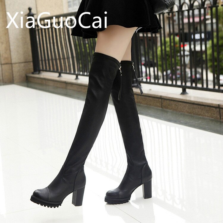 Botas largas de piel sintética para mujer, botines por encima de la rodilla, tacón alto, novedad