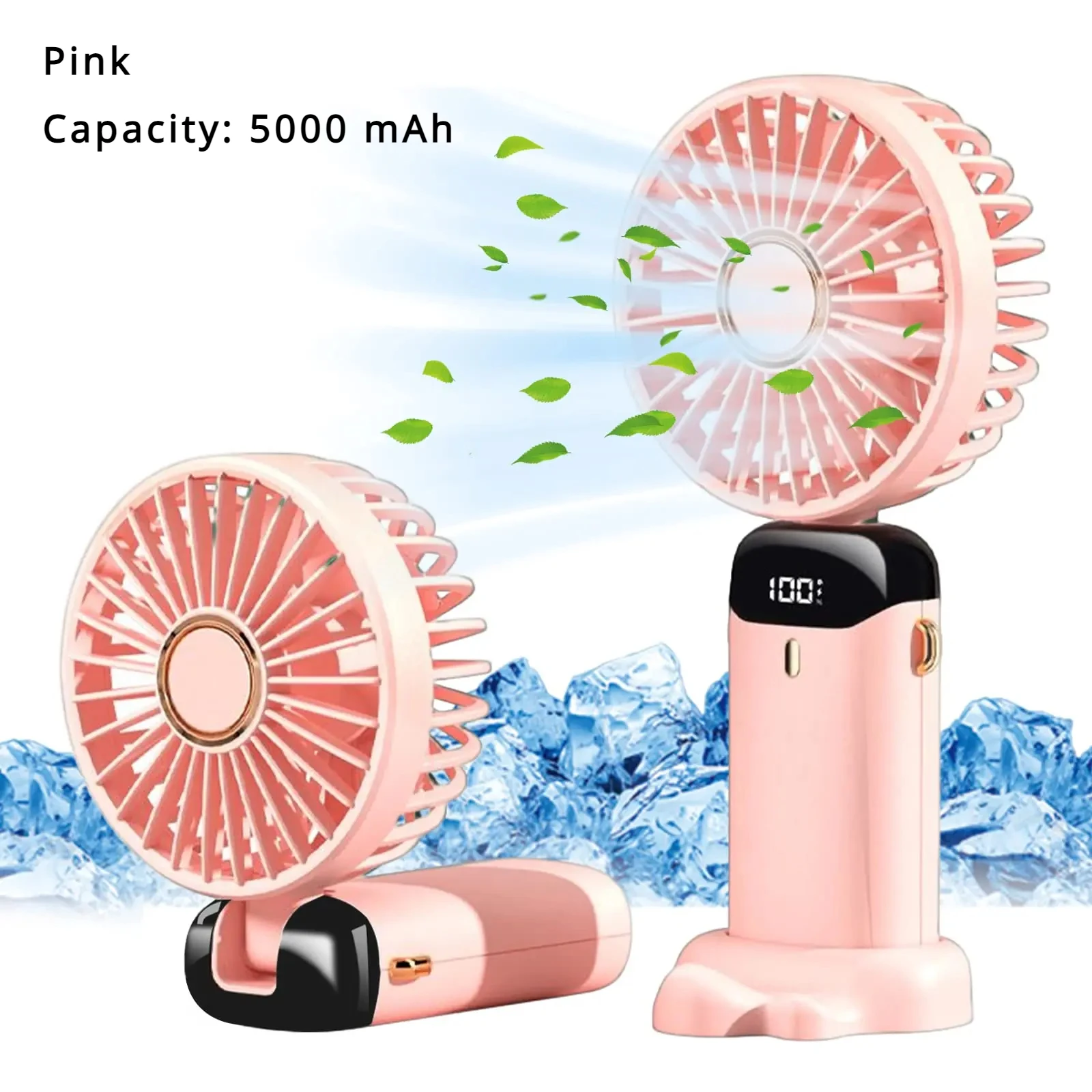 Ventilador Portátil 5000mAh Recargable 90 ° Mini aire acondicionado plegable de 5 velocidades, ventilador pequeño, enfriador de aire con pantalla digital LED: Verde