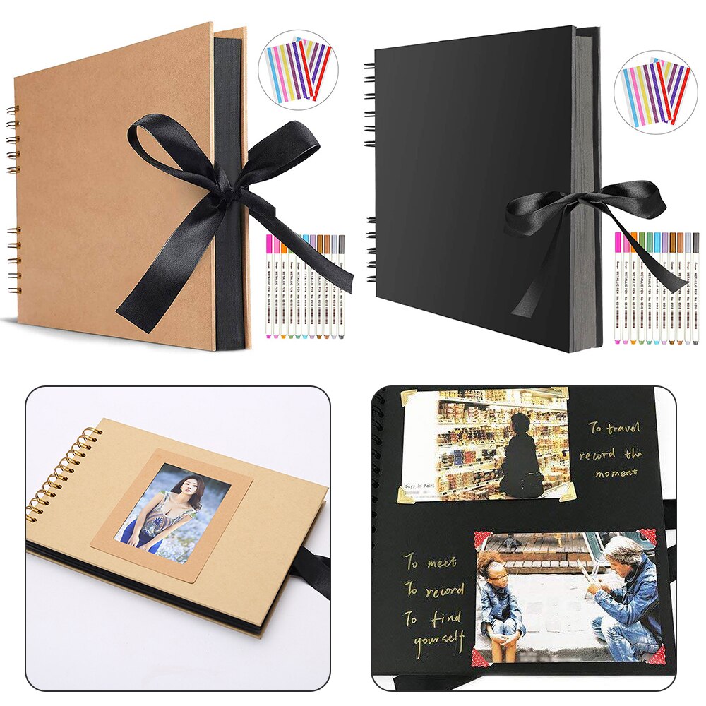 80 Black Pages Memory Books DIY Craft Photo Albums Scrapbook Cover Kraft Album A4 Craft Paper For Wedding Anniversary