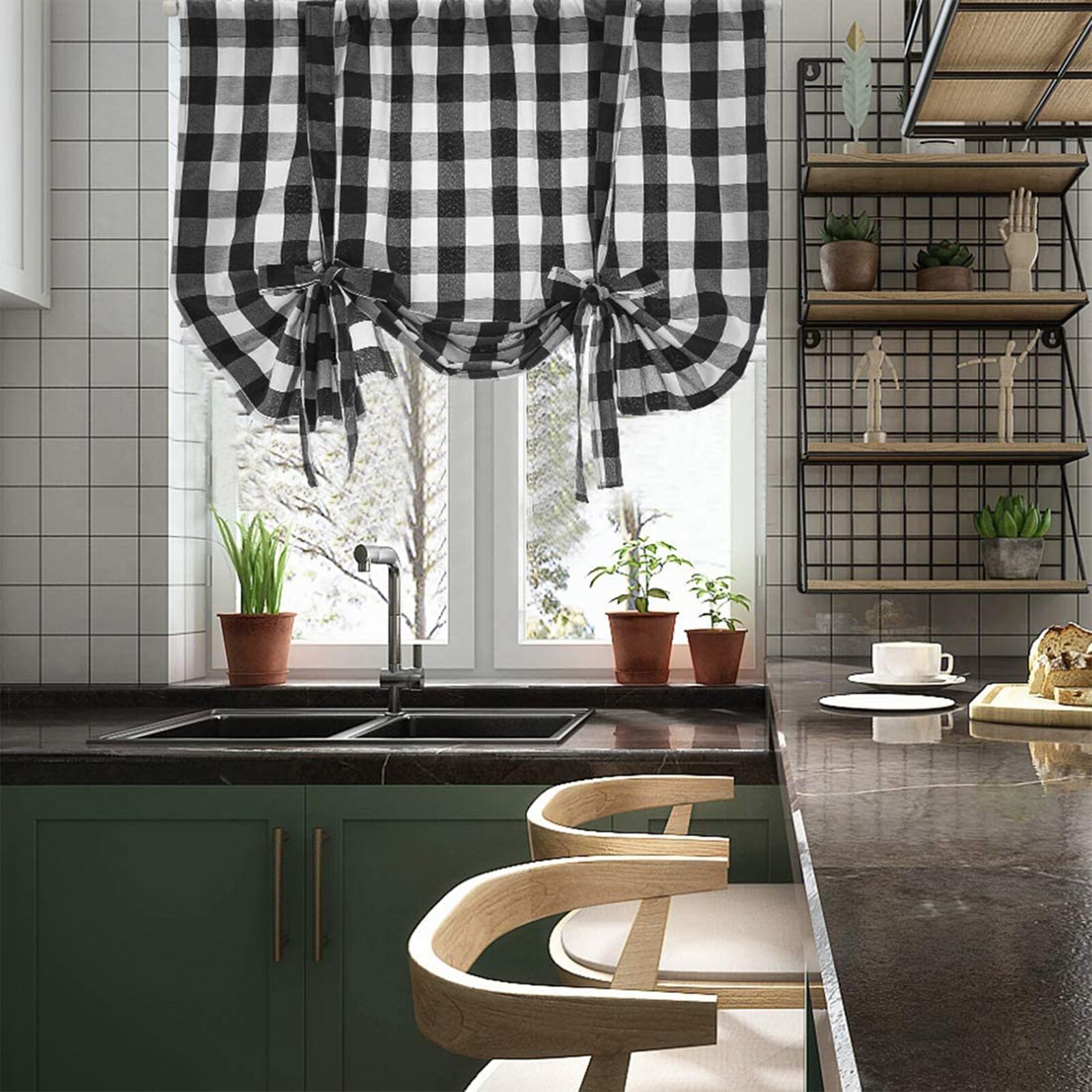 Cortina de ventana corta con estampado a cuadros, persianas romanas ajustables con agujeros, cortinas opacas para sala de estar y cocina
