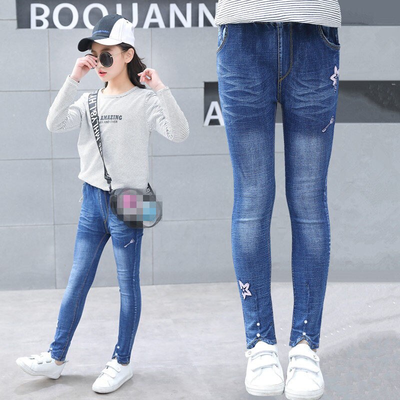 Tjejer leggings vår höst barn stjärna jeans flickor elastiska smala barn pennbyxor för 5 to 13 år barnbyxor