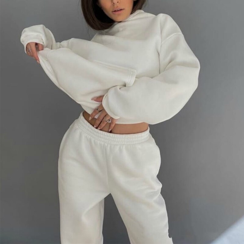 Ensemble de 2 pièces pour femmes, tenue d'automne et d'hiver, survêtement à manches longues, vêtements de sport pour dames, haut + pantalon, Jogging, à la ,: WHITE / XL