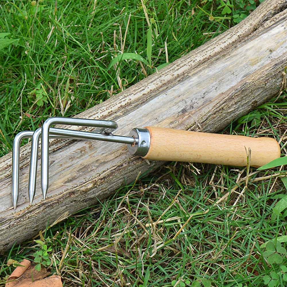 1pcs Garden Mini Rake Stainless Steel Rake With Wooden Handle Strong Short Firm Grip Claw Rake Garden Tool