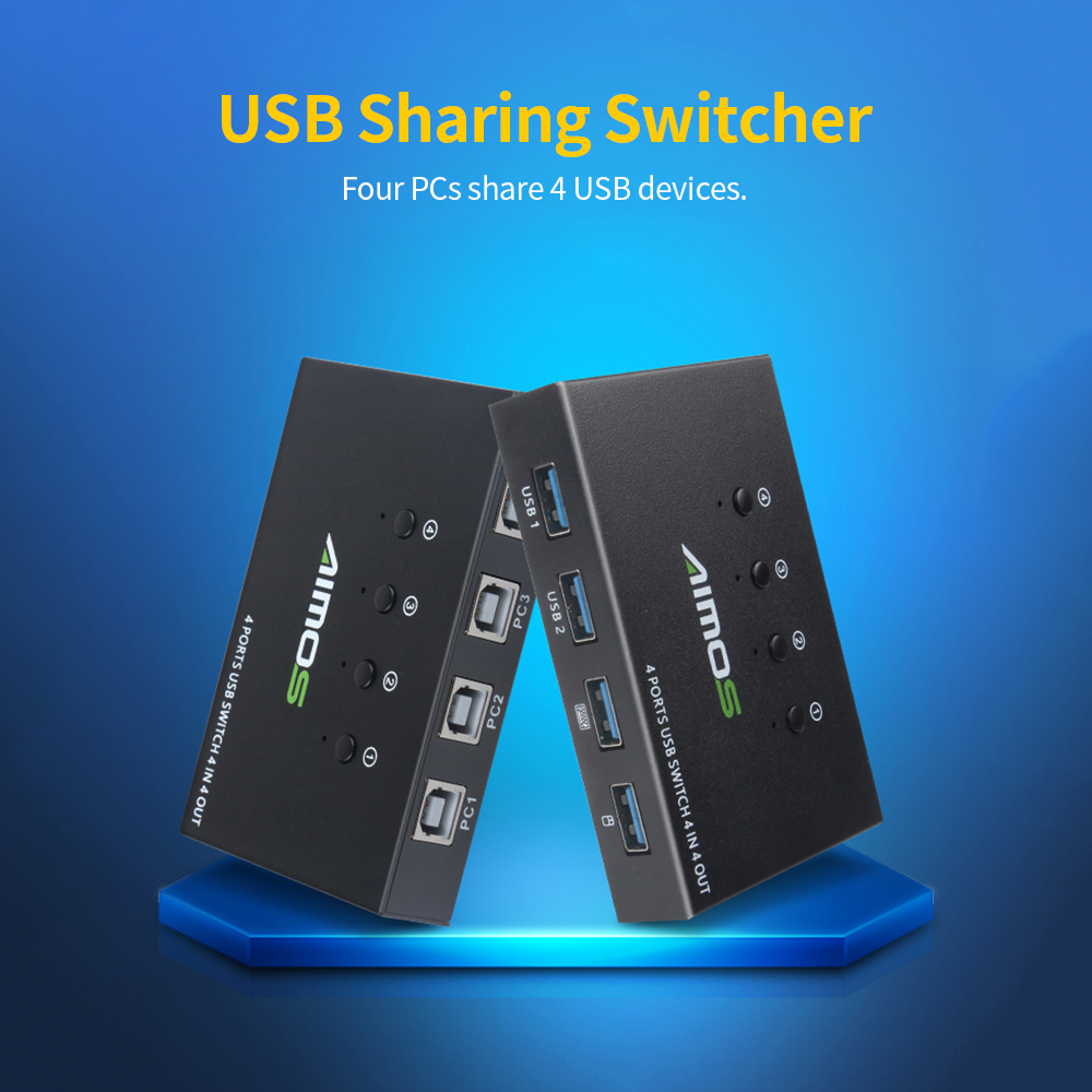 AIMOS USB Switcher Selector with Remote Control 4PCs Sharing 4 USB Devices KVM Switch Adapter for Mouse Keyboard Printer U Disk