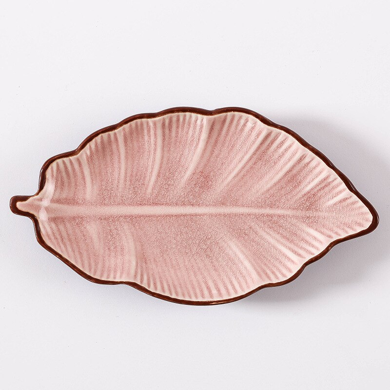 Japonés hielo Crack forma de hoja de cerámica, platos para aperitivos placa bajo esmalte de porcelana de la placa de la cena salsa picante plato de Sushi, torta bandeja: Pink