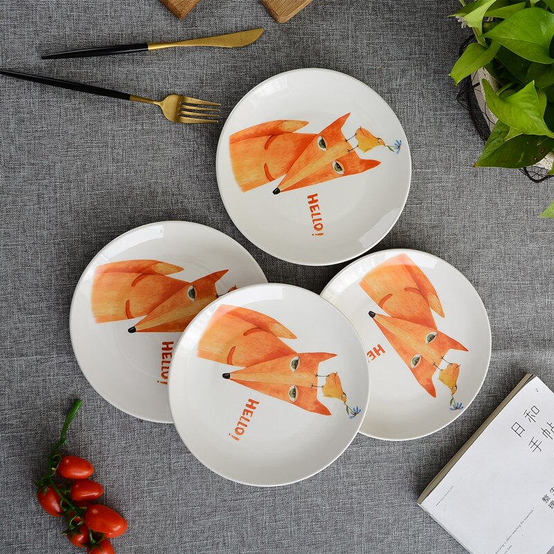 4Pcs 8-inch cartoon animal tableware western steak dessert cake salad fruit ceramic plate storage decorative tray: K