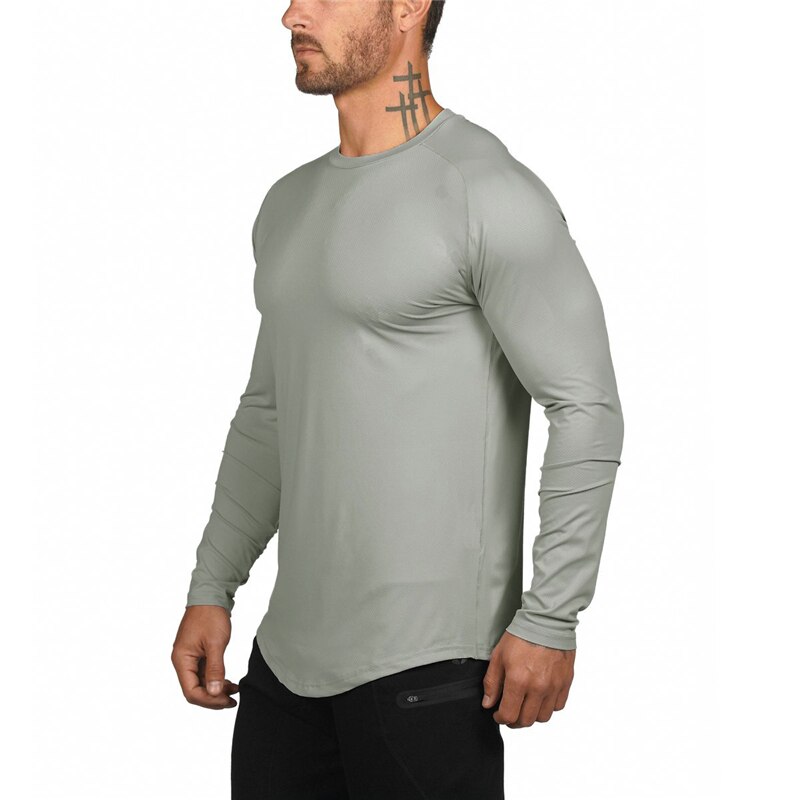 Mesh Effen Raglan Lange Mouwen T-shirt Mannen Gym Kleding Sport Quick Dry Fit Fitness Bodybuilding Tee shirt Homme: GRAY / M