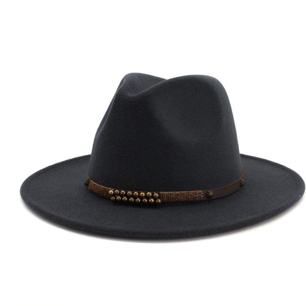 Men Women Fedora Hat With Belt Wide Brim Hat Ladies Winter Hat Pop Jazz Hat: Dark Gray