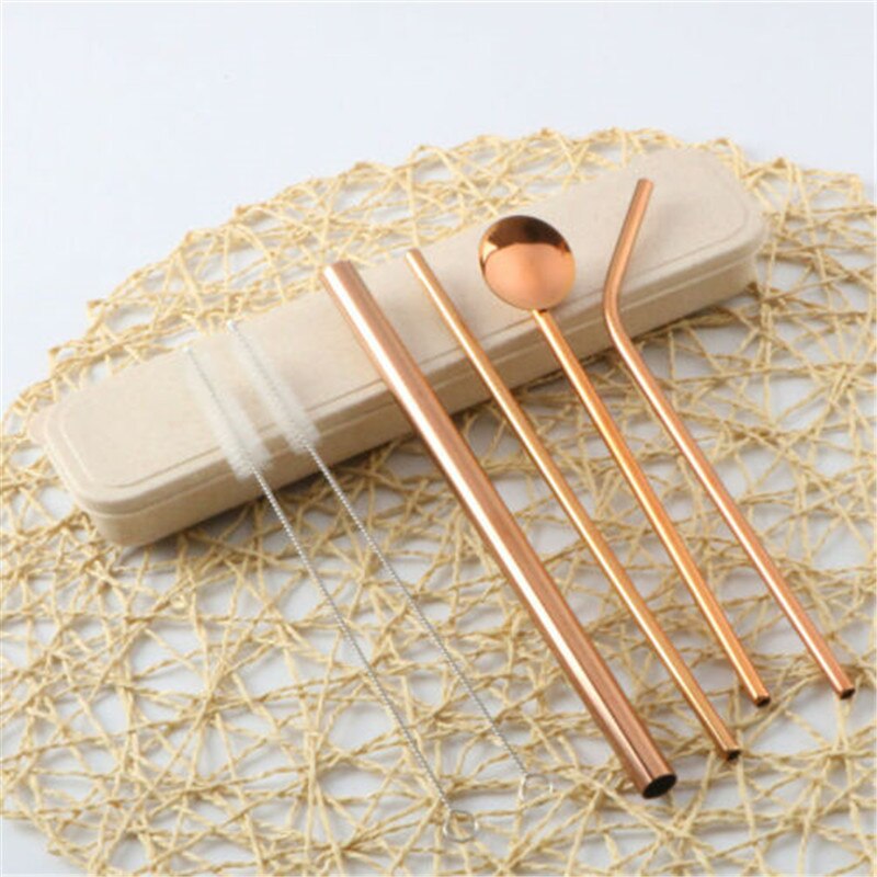 7 stks/set Rvs Rietjes Keuken Goud Rechte Gebogen Rietjes + Lepel + Borstel Set Bar Thuis Drinken Tool: Rose Gold