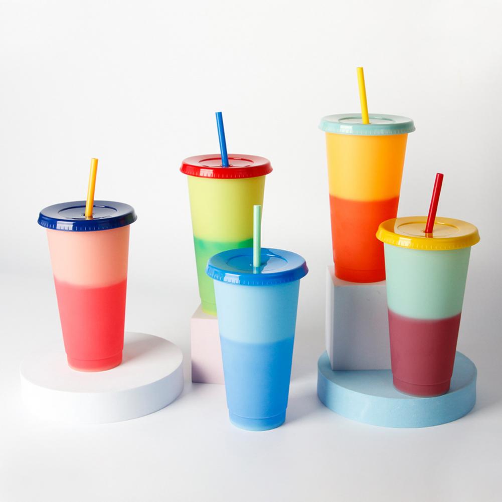 5Pcs/Set Coffee Thermochromic Cup Eco-friendly Heat Resistant Plastic Color Changing Cup With Straw for Travle