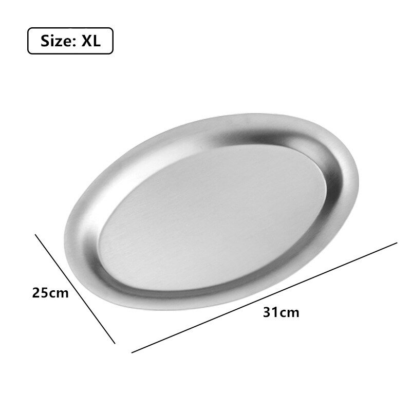 304 Stainless Steel Oval Golden Grill Plates Shallow Flat Bowls Fish Dish Food Dessert Tray: Silver XL