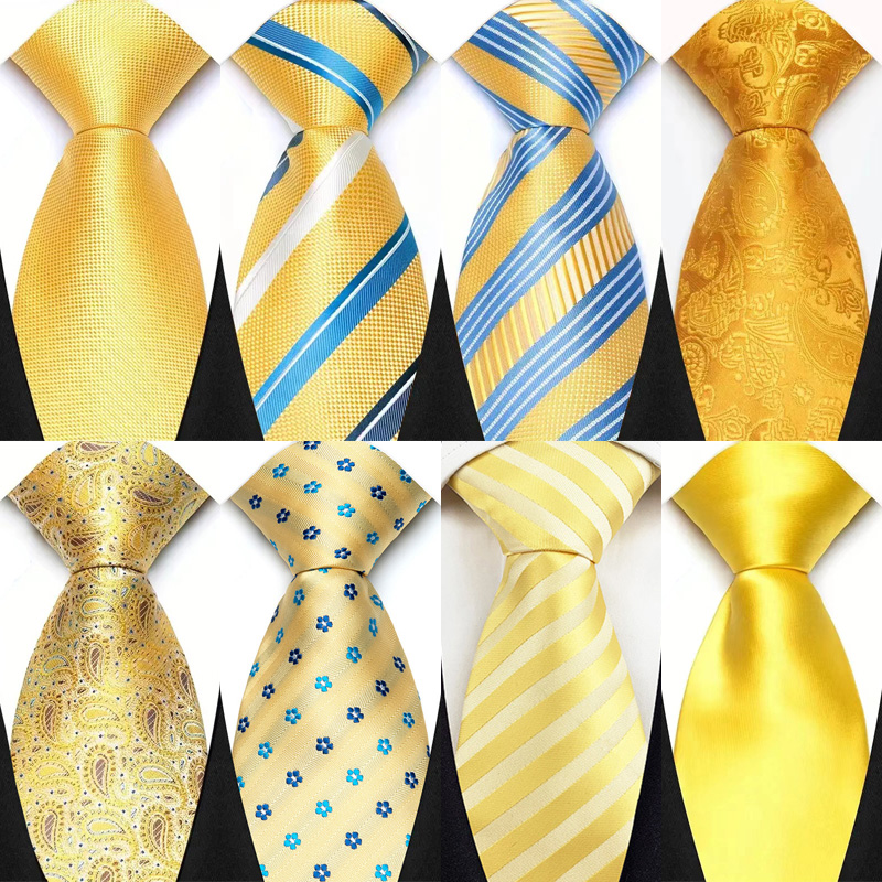Gravata masculina luxuosa de 8cm, cor amarela, listras, gravatas sólidas para homens, noivo, jacquard, tecido, gravata de pescoço para negócios, festa de casamento