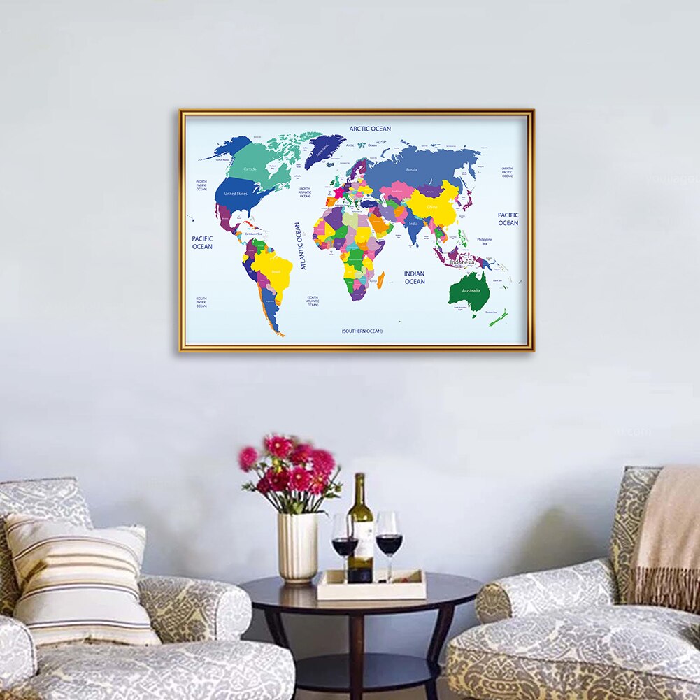 30*20cm The World Political Map Spray Canvas Painting Small Size Wall Art Poster School Supplies Living Room Home Decoration