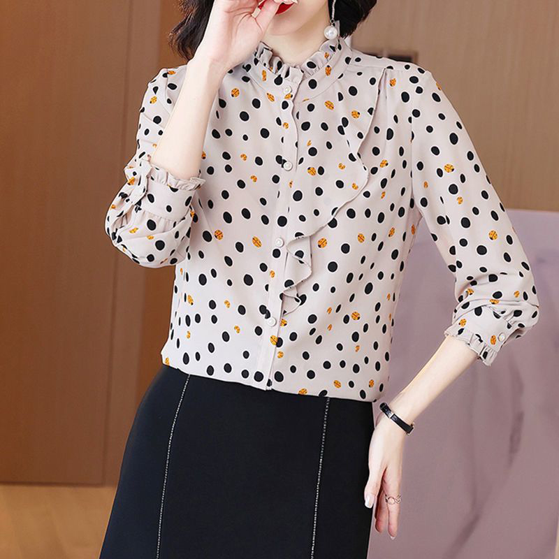 Zomer Ruches Opstaande Kraag Shirt Met Stippenprint Dames Met Lange Mouwen Elegante Mode Vesten Top Dames Losse Casual Blouse