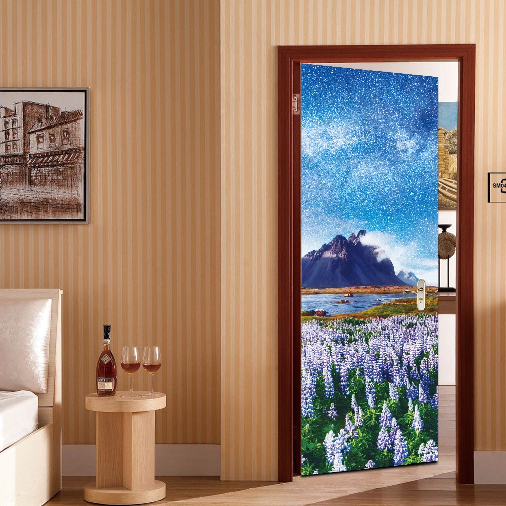 Pegatinas de lavanda azul para puerta de estrella del cielo, decoración del hogar, Mural de vinilo para puerta, Peel y pegatina, papel tapiz de renovación de puerta de madera, calcomanías de PVC