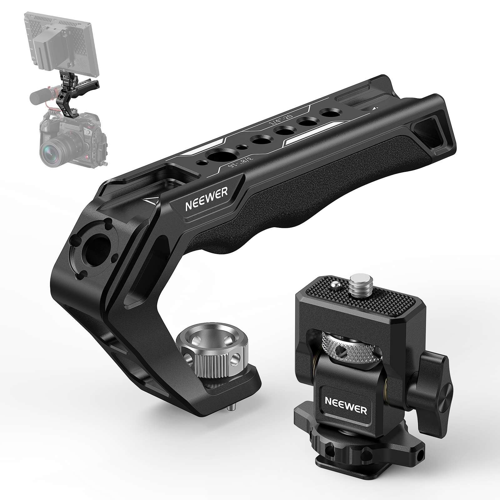 NEEWER 2 In 1 Top Handle/Side Handle Camera Cage Video Rig Handle with 360° Rotatable NATO Rail Clamp, 1/4" Threads: Red