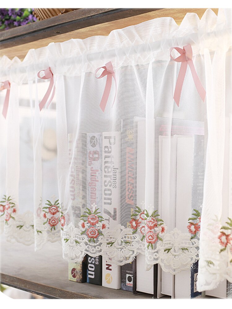 Cortina de tul blanca para cocina, cenefa Pastoral para puerta de café, embellecedor Floral, transparente, decoración de ventana