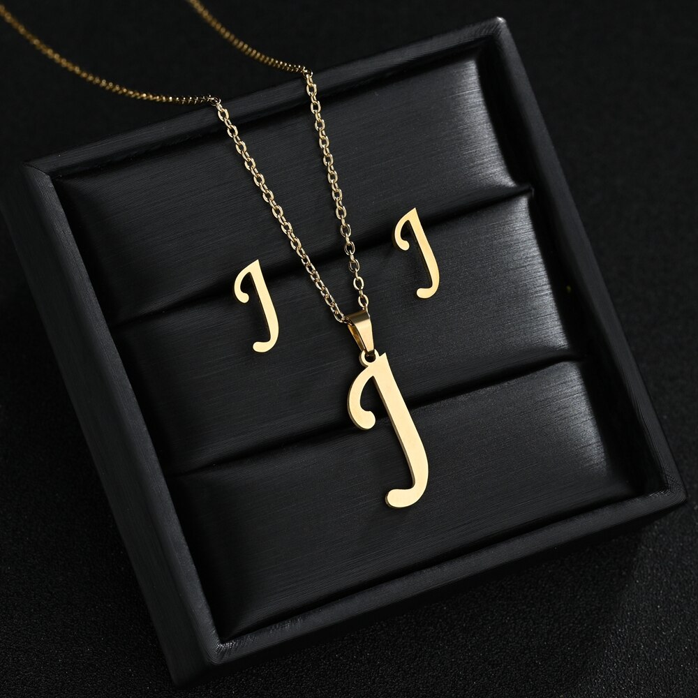 A-Z Edelstahl Ersten Halskette Und Ohrringe Schmuck Sets Alphabet Anhänger Kette Brief Zubehör: J