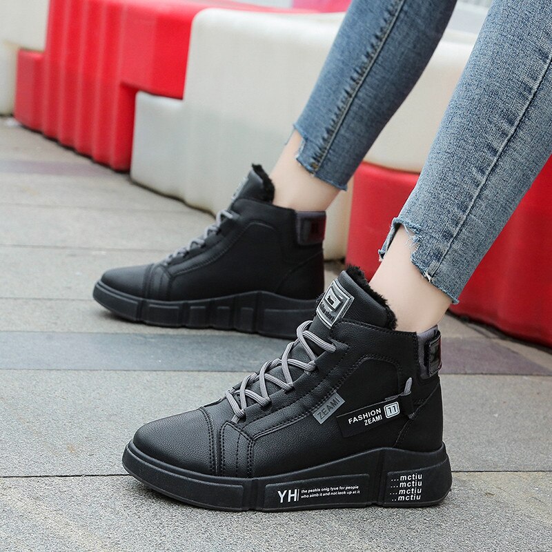 Leather Women's Sport Shoes Warm High Top Women Sneakers Comfort Platform Ladies Running Shoes Lace Up Woman Sports Shoes B58